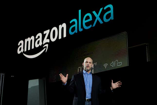 Mike George, VP Alexa, Echo and Appstore for Amazon, speaks during the LG press conference at CES in Las Vegas