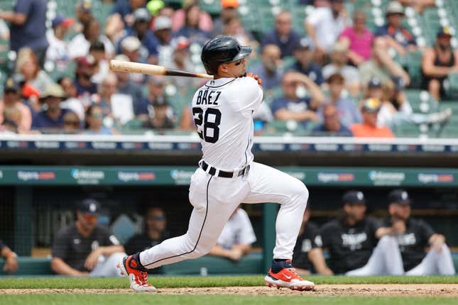 Jul 6, 2023; Detroit, Michigan, USA;  Detroit Tigers shortstop Javier Baez (28) hits a double in the fifth inning against the Oakland Athletics at Comerica Park.