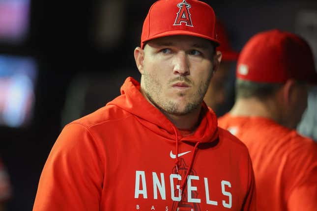 Aug 1, 2023; Atlanta, Georgia, USA; Los Angeles Angels outfielder Mike Trout (27) in the dugout against the Atlanta Braves in the seventh inning at Truist Park.