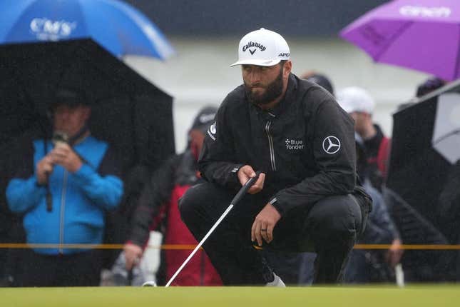 Jul 23, 2023; Hoylake, England, GBR; Jon Rahm lines up a putt on the second green during the final round of The Open Championship golf tournament.