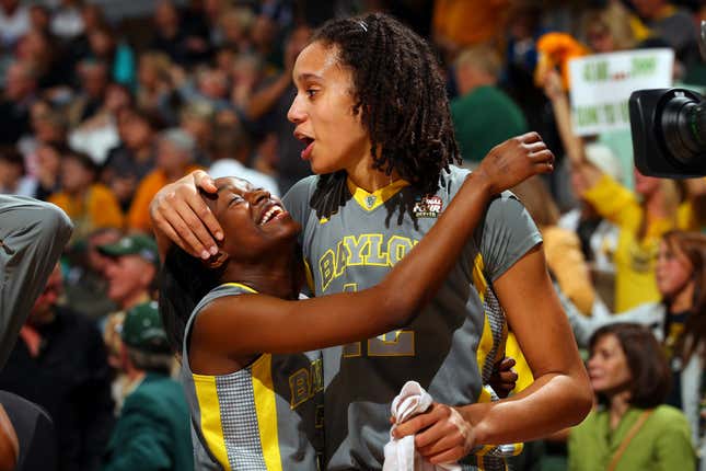 Brittney Griner #42 and Jordan Madden #3 of the Baylor Bears celebrate after they won 80-61 against the Notre Dame Fighting Irish during the National Final game of the 2012 NCAA Division I Women’s Basketball Championship at Pepsi Center on April 3, 2012 in Denver, Colorado. 