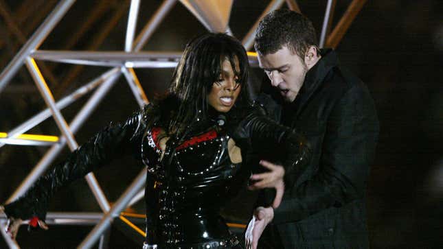 Janet Jackson and Justin Timberlake perform during the halftime show at Super Bowl XXXVIII on February 1, 2004.