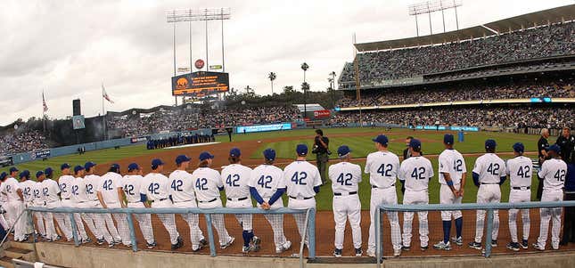 Major League Baseball paid tribute to the late Jackie Robinson, who broke the color barrier in Major League Baseball in 1947 when he played with the Brooklyn Dodgers, Major League Baseball including the Los Angeles Dodgers paid tribute to Robinson by wearing his retired uniform number “42.”