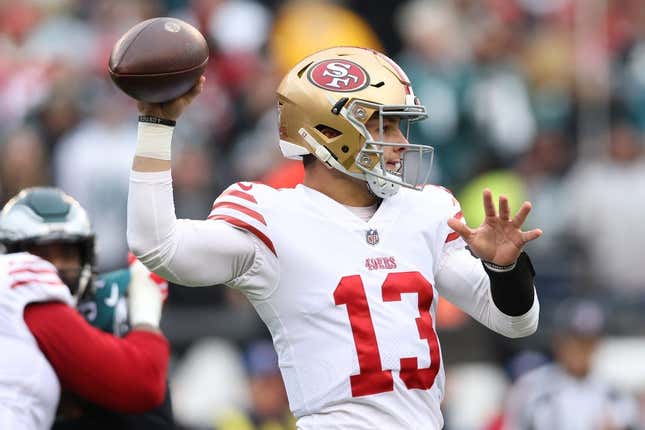 Jan 29, 2023; Philadelphia, Pennsylvania, USA; San Francisco 49ers quarterback Brock Purdy (13) throws a pass against the Philadelphia Eagles during the first quarter in the NFC Championship game at Lincoln Financial Field.