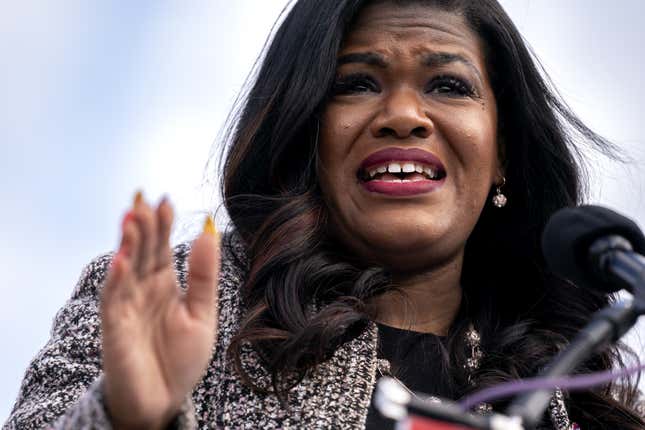 Representative Cori Bush, a Democrat from Missouri, speaks during an “End The Filibuster” news conference outside the U.S. Capitol in Washington, D.C., U.S., on Thursday, April 22, 2021. 