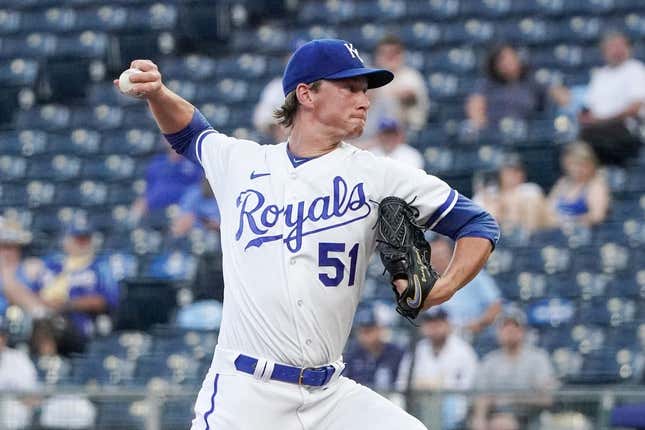 Sep 5, 2023; Kansas City, Missouri, USA; Kansas City Royals starting pitcher Brady Singer (51) delivers a pitch against the Chicago White Sox during the first inning at Kauffman Stadium.
