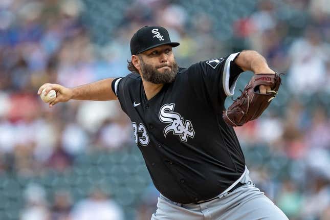 Jul 21, 2023; Minneapolis, Minnesota, USA; Chicago White Sox starting pitcher Lance Lynn (33) delivers a pitch against the Minnesota Twins in the first inning at Target Field.
