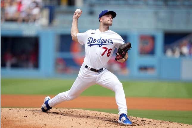 Jul 30, 2023; Los Angeles, California, USA; Los Angeles Dodgers starting pitcher Michael Grove (78) throws in the third inning against the Cincinnati Reds at Dodger Stadium.