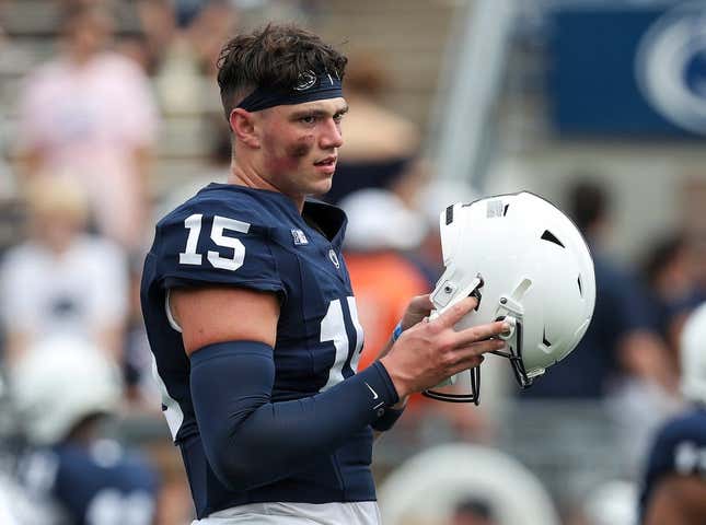 Sep 9, 2023; University Park, Pennsylvania, USA; Penn State Nittany Lions quarterback Drew Allar (15) looks on from the field during a warm up prior to the game against the Delaware Fightin&#39; Blue Hens at Beaver Stadium.