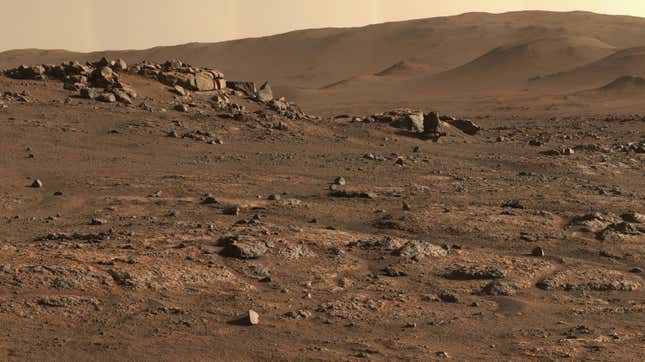 A panorama of the rocky and dusty Martian terrain.