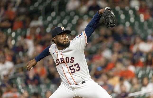 Jun 15, 2023; Houston, Texas, USA; Houston Astros starting pitcher Cristian Javier (53) pitches against the Washington Nationals in the first inning at Minute Maid Park.