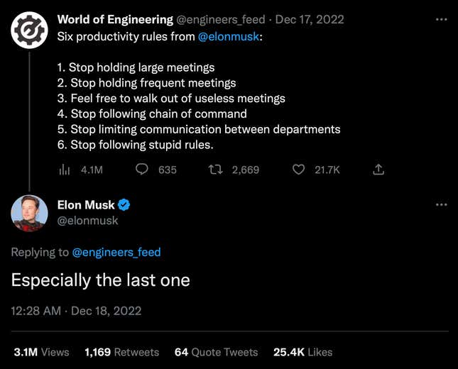 A screenshot of Elon agreeing with the productivity rules he follows.