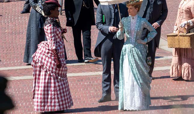 Denée Benton and Louisa Jacobson on the set of The Gilded Age