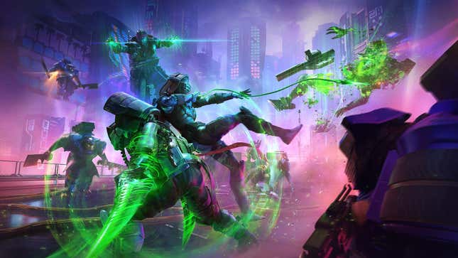 An image shows futuristic warriors in Destiny 2 using green space magic. 