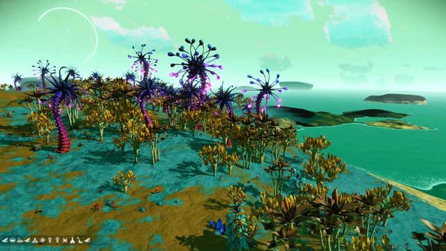 Purple plants fill an alien landscape.