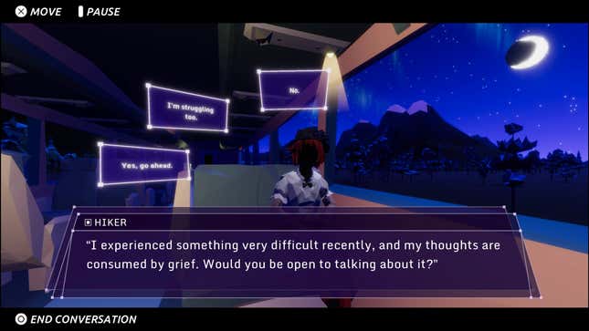 A hitchhiker asks the player if they'd be open to talking about their experience with grief.