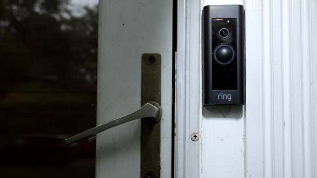 A doorbell device with a built-in camera made by home security company Ring is seen on August 28, 2019 in Silver Spring, Maryland.