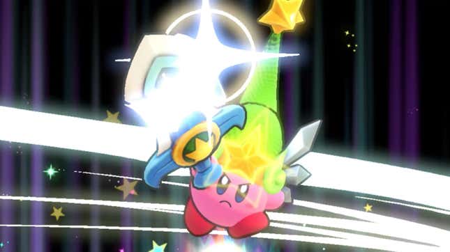 Kirby points his sword in the air.