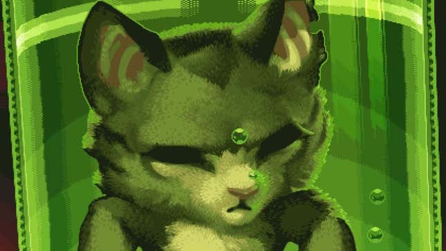 A green cat in a tube.