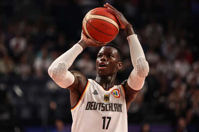 Dennis Schroder of Germany shoots a free throw during the FIBA Basketball World Cup 2nd Round Group K game between Germany and Slovenia at Okinawa Arena on September 03, 2023 in Okinawa, Japan.