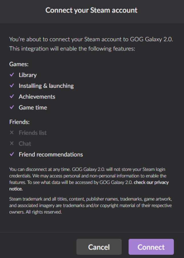 El menú de integración del GOG Galaxy 2.0, en este caso con Steam