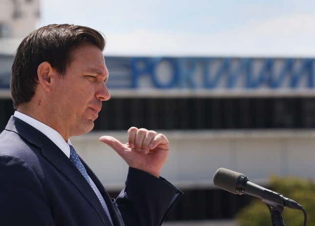 Florida Gov. Ron DeSantis speaks to the media about the cruise industry during a press conference at PortMiami on April 08, 2021 in Miami, Florida. The Governor announced that the state is suing the federal government to allow cruises to resume in Florida. 