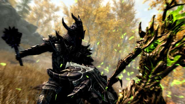 A dragonborn smacks an enemy in Skyrim's 17th re-release edition.