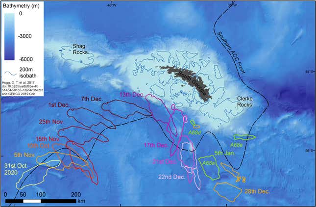 Recent history of the icebergs’ movements.