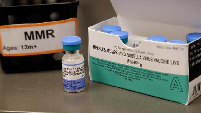 A box of doses from the measles, mumps, and rubella vaccine. 