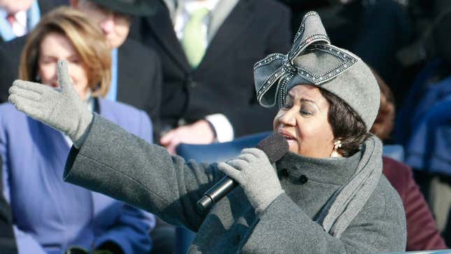 Aretha Franklin sings during the inauguration of Barack Obama on January 20, 2009, in Washington, D.C. 