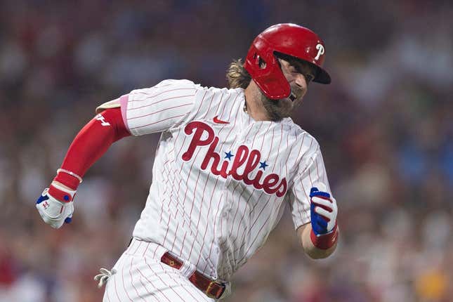 Jul 15, 2023; Philadelphia, Pennsylvania, USA; Philadelphia Phillies designated hitter Bryce Harper (3) runs the bases after hitting a double during the fifth inning against the San Diego Padres at Citizens Bank Park.