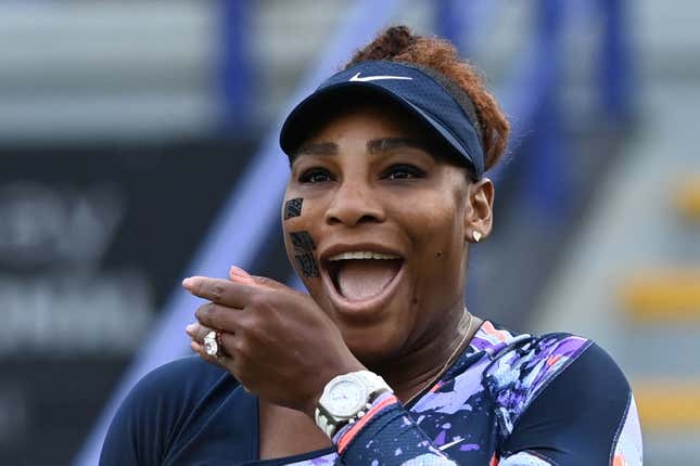 Serena Williams celebrates after winning with Tunisia’s Ons Jabeur against Spain’s Sara Sorribes Tormo and Czech Republic’s Marie Bouzkova at the end of their round of 8 women’s doubles tennis match, on day three, of the Eastbourne International tennis tournament in Eastbourne, southern England on June 21, 2022. (Photo by Glyn KIRK / AFP) (Photo by GLYN KIRK/AFP via Getty Images)