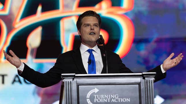 Republican Congressman Matt Gaetz asks people to subscribe to his channel at a convention that drew neo-Nazis.