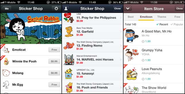 Sticker stores from WeChat, Line and KakaoTalk, respectively.