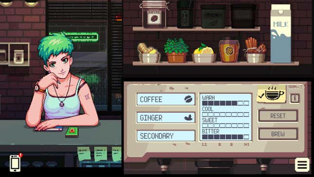 A green-haired character in Coffee Talk waits for coffee.