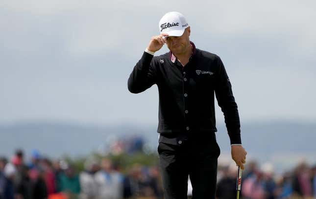 July 21, 2023; Hoylake, ENGLAND, GBR; Justin Thomas reacts after a putt on the seventh hole during the second round of The Open Championship golf tournament at Royal Liverpool.