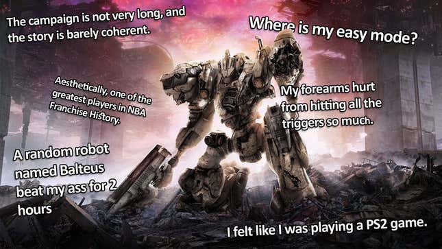 A picture of an Armored Core robot is plastered with user reviews. 