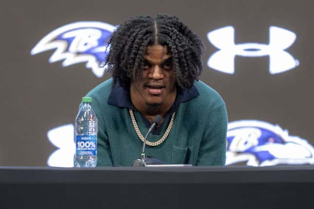 May 4, 2023; Owings Mills, MD, USA; Baltimore Ravens quarterback Lamar Jackson speaks during a press conference at Under Armour Performance Center.