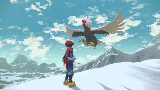 A Pokémon trainer greeting a bird at the top of a snowy mountain. 