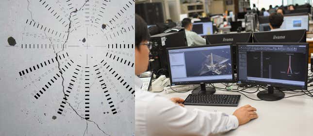 With a special lens, the measuring tool yields a detailed rendering of each crack, allowing the technicians to assess and address potential threats. Here, engineer Akihiko Miyamoto inspects survey files from Bangkok’s Rama VIII bridge. Photo at left provided by KUMONOS.