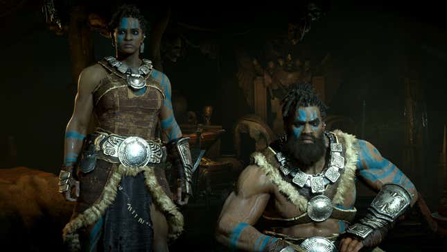 Two Barbarian-class characters stand before the camera.