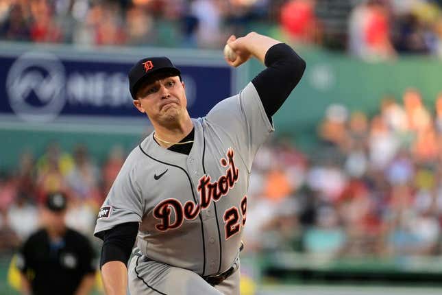 Aug 11, 2023; Boston, Massachusetts, USA; Detroit Tigers starting pitcher Tarik Skubal (29) pitches against the Boston Red Sox during the first inning at Fenway Park.
