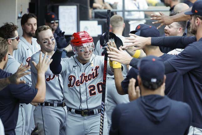Sep 3, 2023; Chicago, Illinois, USA; Detroit Tigers first baseman Spencer Torkelson (20) celebrates with teammates after hitting a solo home run against the Chicago White Sox during the seventh inning at Guaranteed Rate Field.