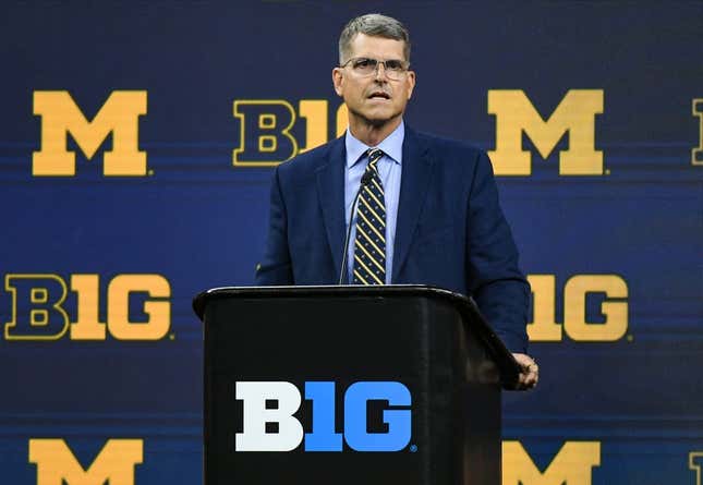Jul 27, 2023; Indianapolis, IN, USA;  Michigan Wolverines head coach Jim Harbaugh speaks to the media during the Big 10 football media day at Lucas Oil Stadium.