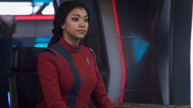 Star Trek: Discovery's Captain Michael Burnham sits on the bridge of her ship.