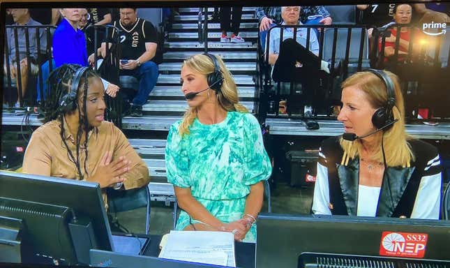 Zora Stephenson (left), Sarah Kustok, and WNBA Commissioner Cathy Engelbert during a Commissioner’s Cup broadcast.