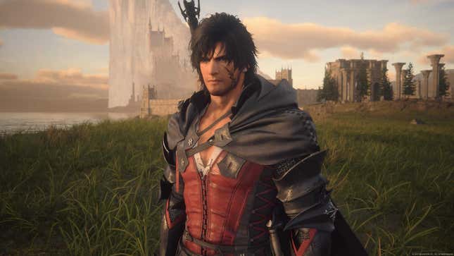 Clive stands in a grassy field outside the empire's capital. 