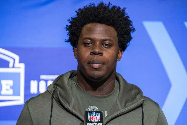 Mar 1, 2023; Indianapolis, IN, USA; Pittsburgh defensive lineman Calijah Kancey (DL09) speaks to the press at the NFL Combine at Lucas Oil Stadium.