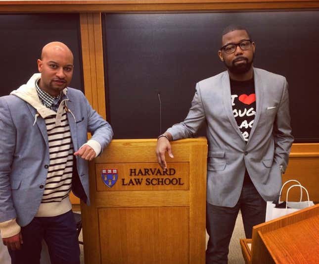 A shot before a panel at Harvard in 2015. The coordinating blazers weren’t planned.