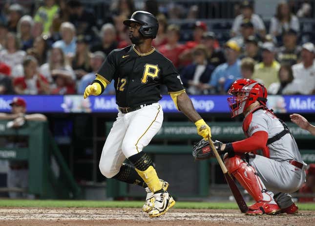 Aug 22, 2023; Pittsburgh, Pennsylvania, USA; Pittsburgh Pirates designated hitter Andrew McCutchen (22) hits a two run home run against the St. Louis Cardinals during the fifth inning at PNC Park.